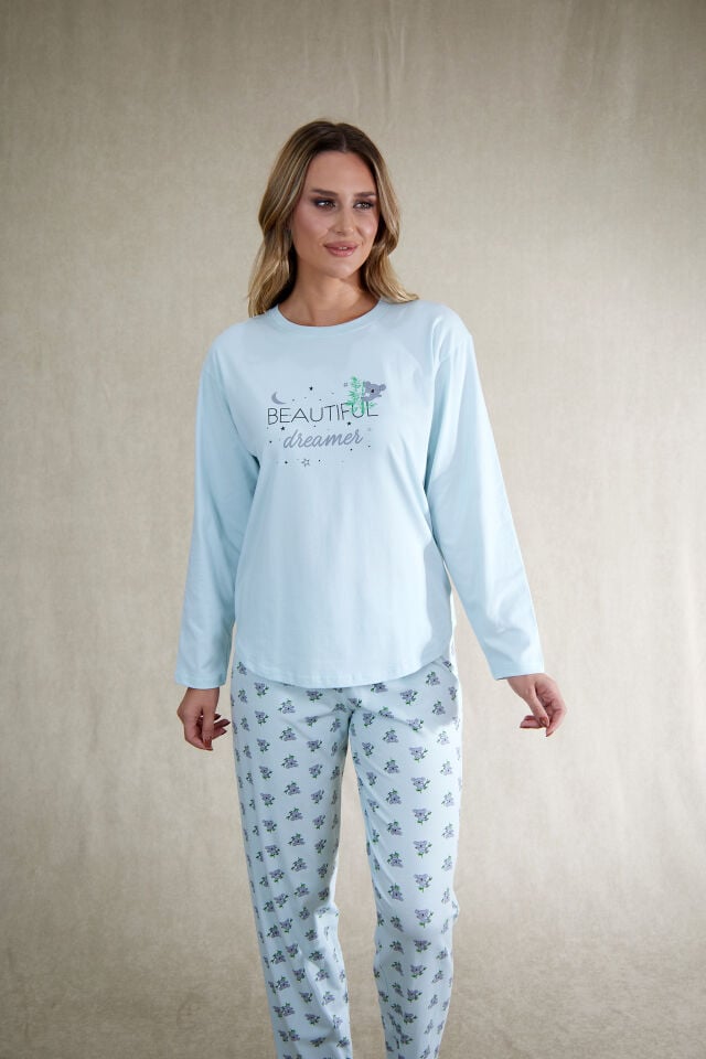 Estiva Kadın Koala Desenli Mavi Penye Lycra Pijama Takımı alternatif görsel