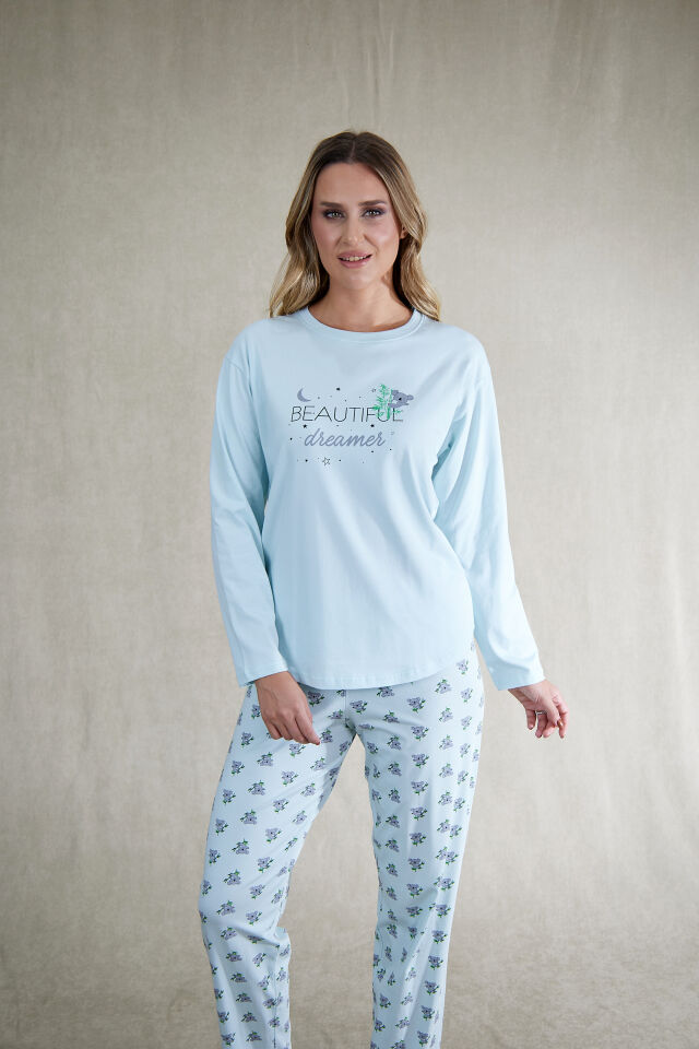 Estiva Kadın Koala Desenli Mavi Penye Lycra Pijama Takımı