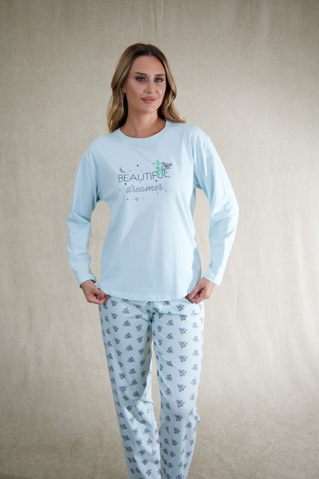 Estiva Kadın Koala Desenli Mavi Penye Lycra Pijama Takımı