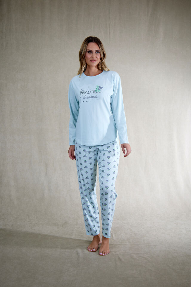Estiva Kadın Koala Desenli Mavi Penye Lycra Pijama Takımı