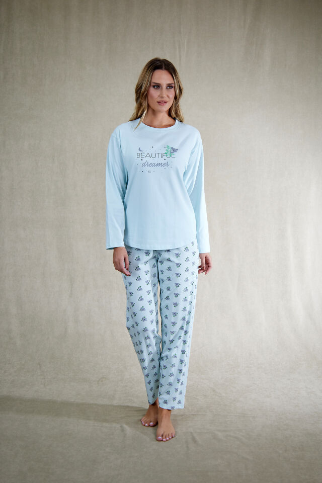 Estiva Kadın Koala Desenli Mavi Penye Lycra Pijama Takımı