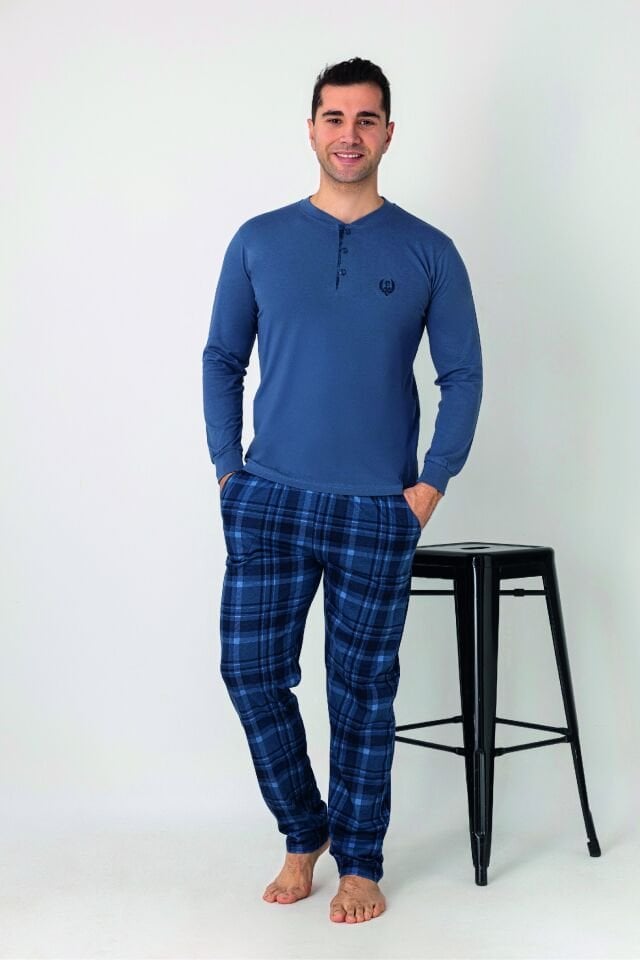 Estiva Erkek Kareli Alt Desenli Petrol Uzun Kollu Patlı Penye Pijama Takımı