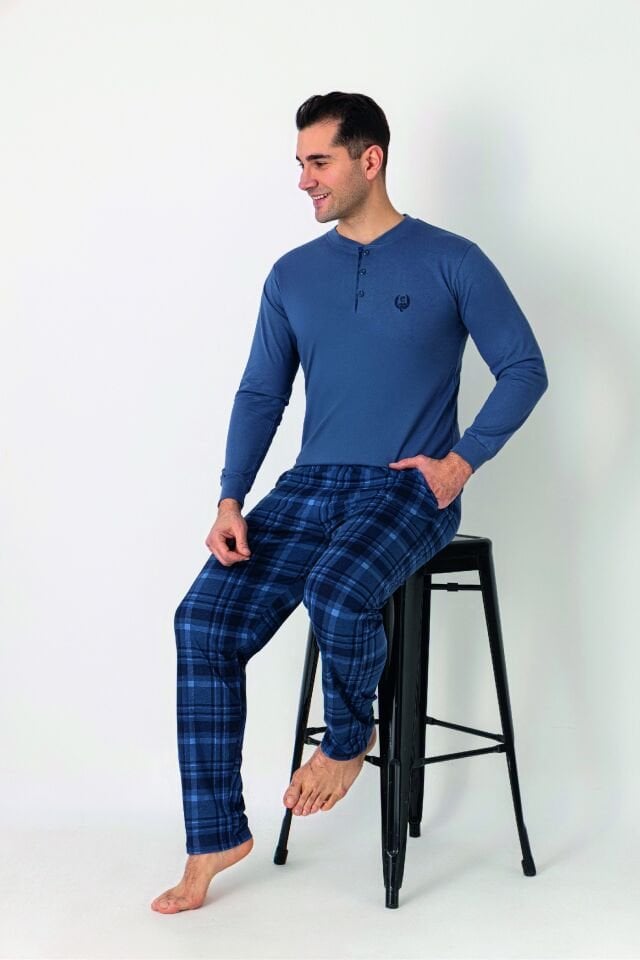 Estiva Erkek Kareli Alt Desenli Petrol Uzun Kollu Patlı Penye Pijama Takımı