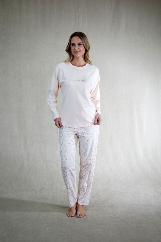 Estiva Kadın Çiçek Desenli Pudra Pembe Penye Lycra Pijama Takımı alternatif görsel