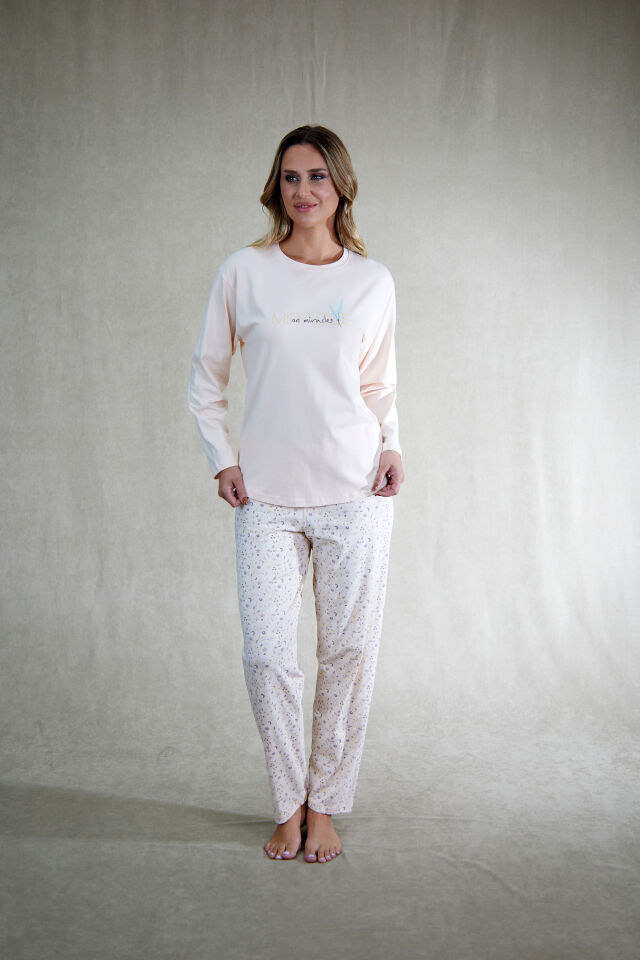 Estiva Kadın Çiçek Desenli Pudra Pembe Penye Lycra Pijama Takımı