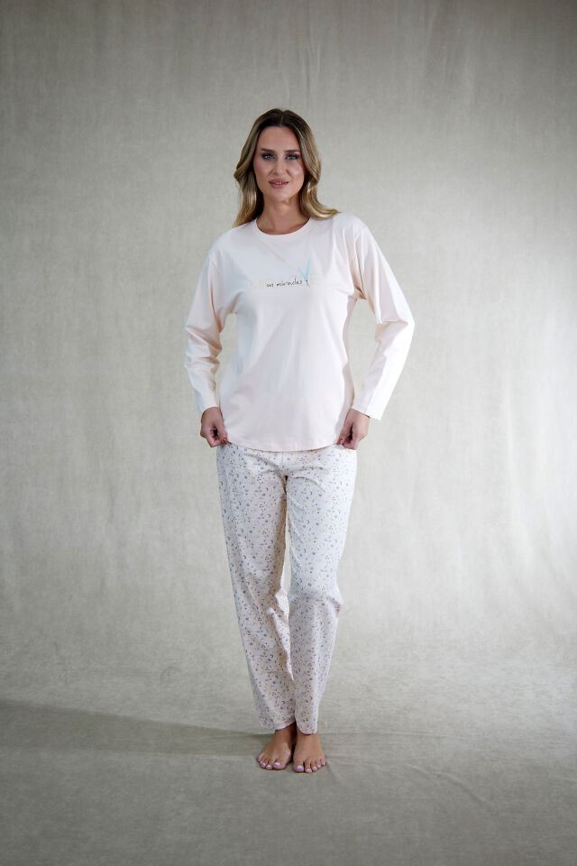 Estiva Kadın Çiçek Desenli Pudra Pembe Penye Lycra Pijama Takımı