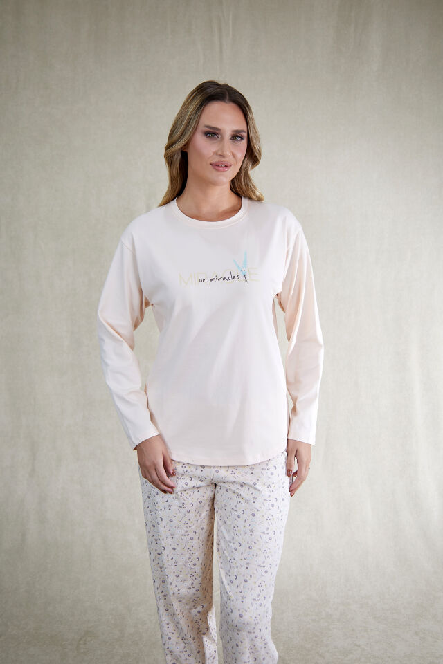 Estiva Kadın Çiçek Desenli Pudra Pembe Penye Lycra Pijama Takımı