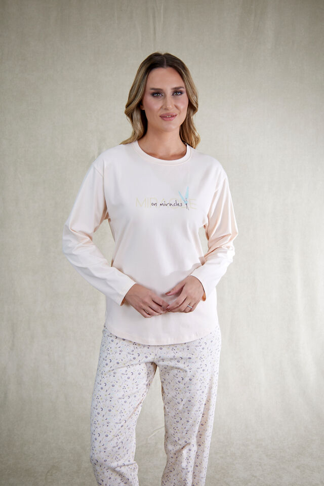 Estiva Kadın Çiçek Desenli Pudra Pembe Penye Lycra Pijama Takımı