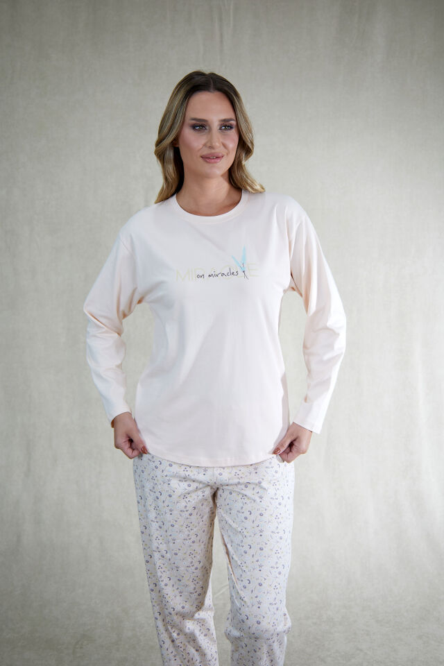 Estiva Kadın Çiçek Desenli Pudra Pembe Penye Lycra Pijama Takımı
