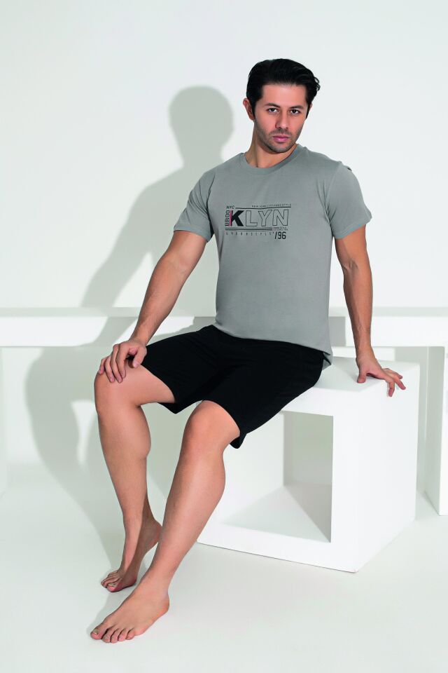 Erkek Yazlık KLYN Baskılı Kısa Kollu Şortlu Penye Pijama Takımı M - Gri