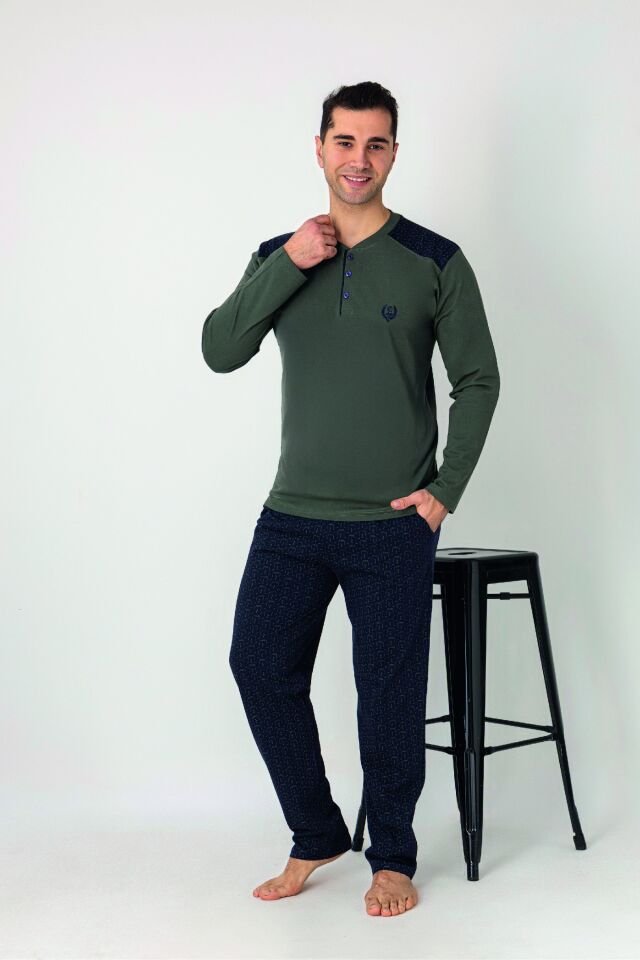 Estiva Erkek Alt Desenli Apoletli Uzun Kollu Patlı Penye Pijama Takımı