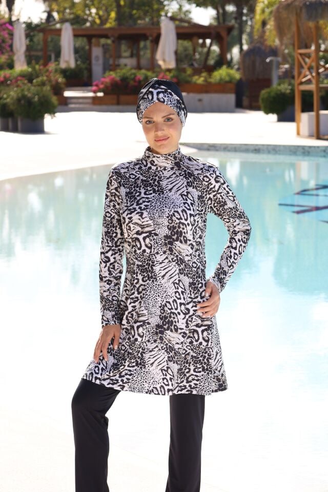 Estiva Safari Desenli Taytlı Tam Kapalı Tesettür Mayo