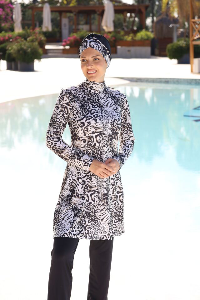 Estiva Safari Desenli Taytlı Tam Kapalı Tesettür Mayo