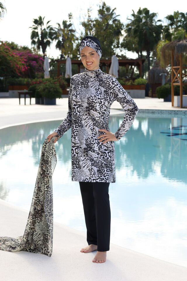 Estiva Safari Desenli Taytlı Tam Kapalı Tesettür Mayo