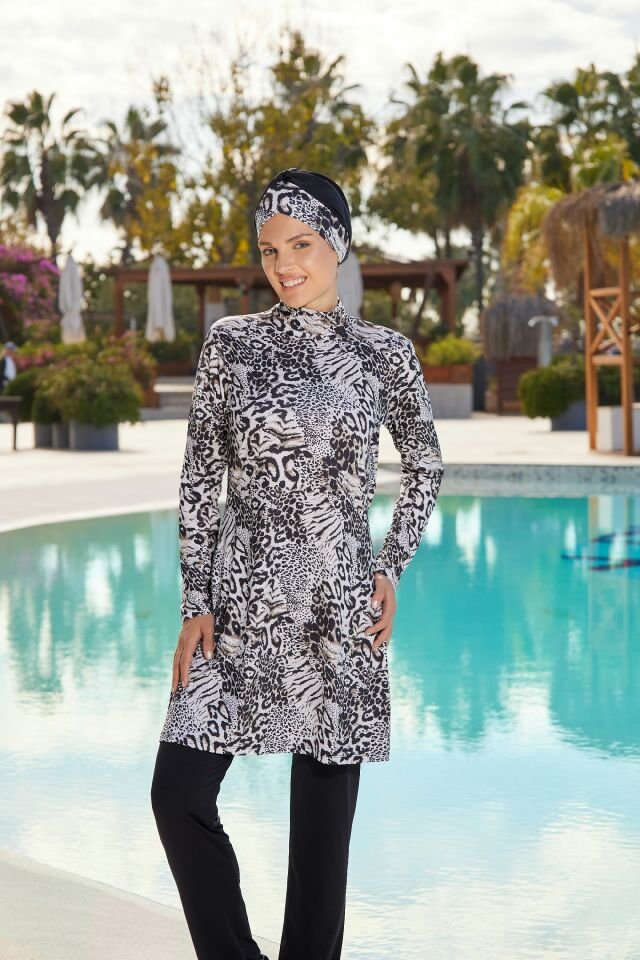 Estiva Safari Desenli Taytlı Tam Kapalı Tesettür Mayo