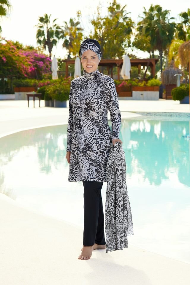 Estiva Safari Desenli Taytlı Tam Kapalı Tesettür Mayo