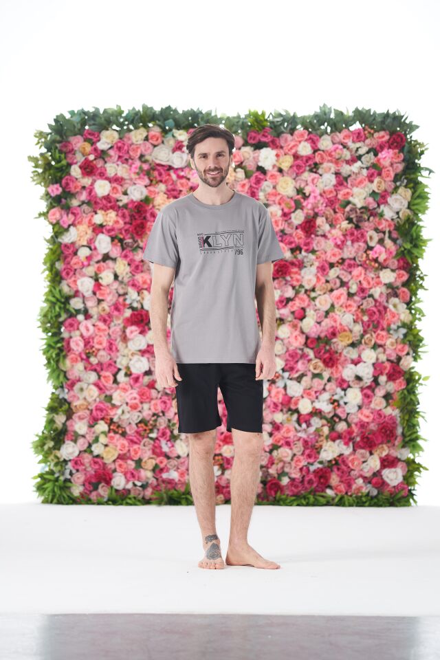 Erkek Yazlık KLYN Baskılı Kısa Kollu Şortlu Penye Pijama Takımı L - Gri