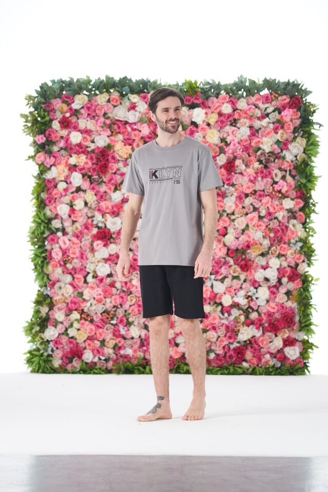 Erkek Yazlık KLYN Baskılı Kısa Kollu Şortlu Penye Pijama Takımı 2XL - Gri