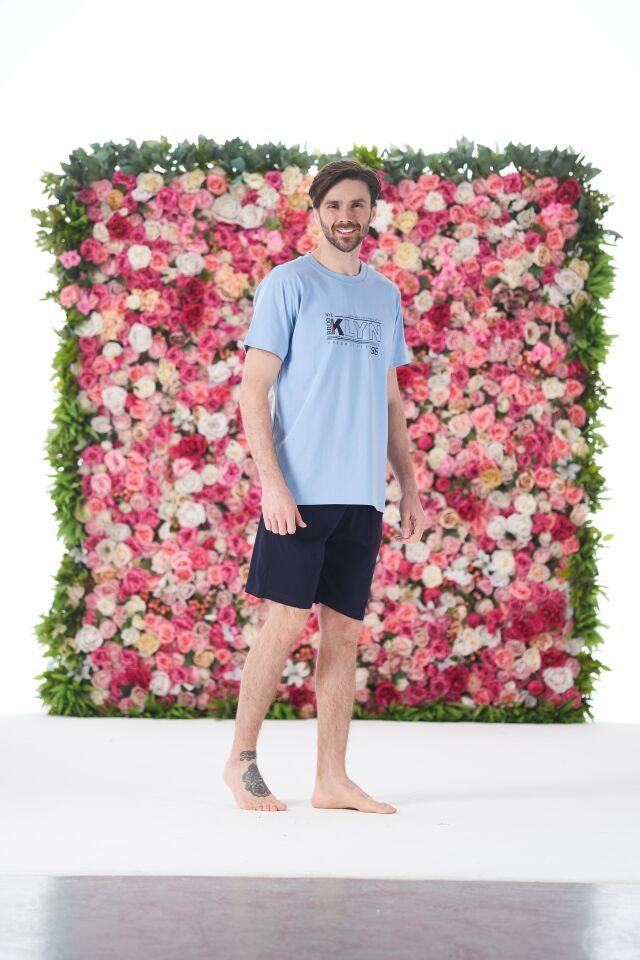 Erkek Yazlık KLYN Baskılı Kısa Kollu Şortlu Penye Pijama Takımı M - Mavi