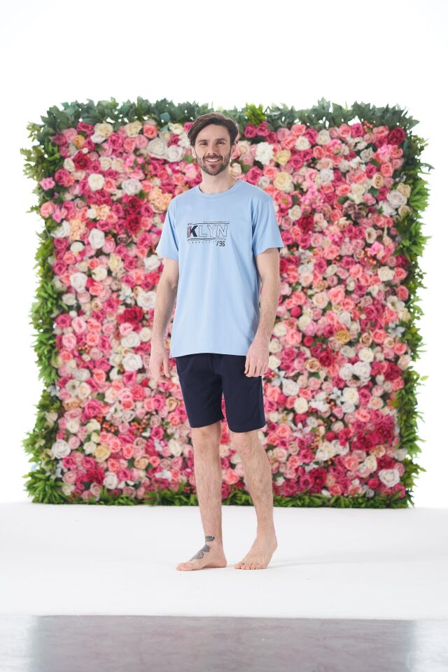 Erkek Yazlık KLYN Baskılı Kısa Kollu Şortlu Penye Pijama Takımı M - Mavi