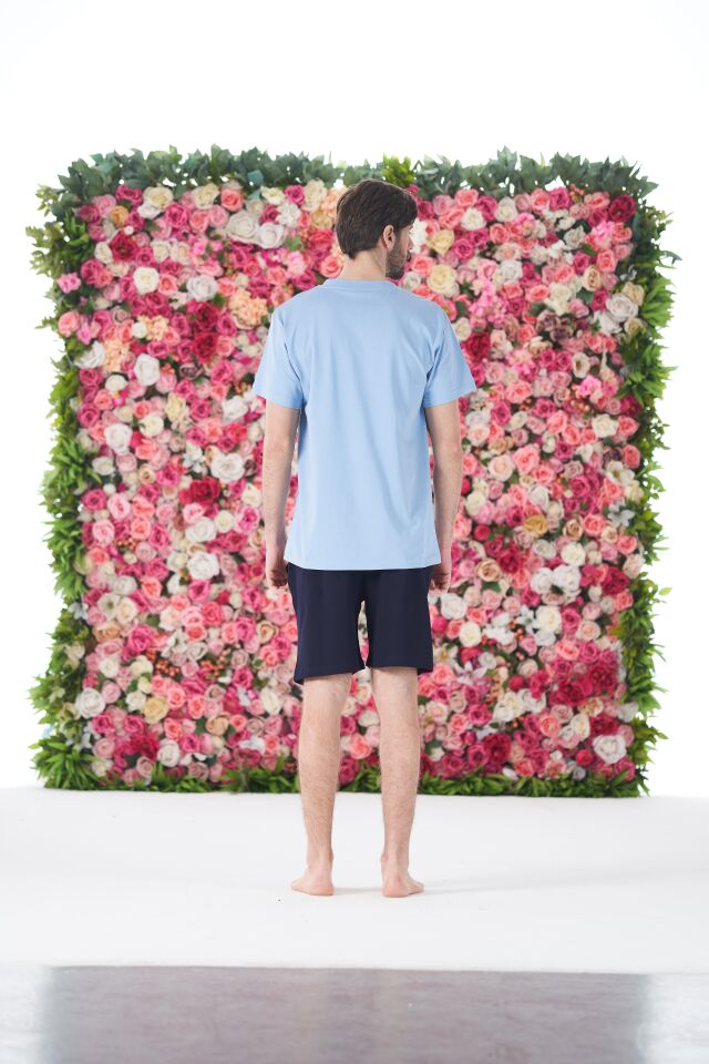 Erkek Yazlık KLYN Baskılı Kısa Kollu Şortlu Penye Pijama Takımı L - Mavi