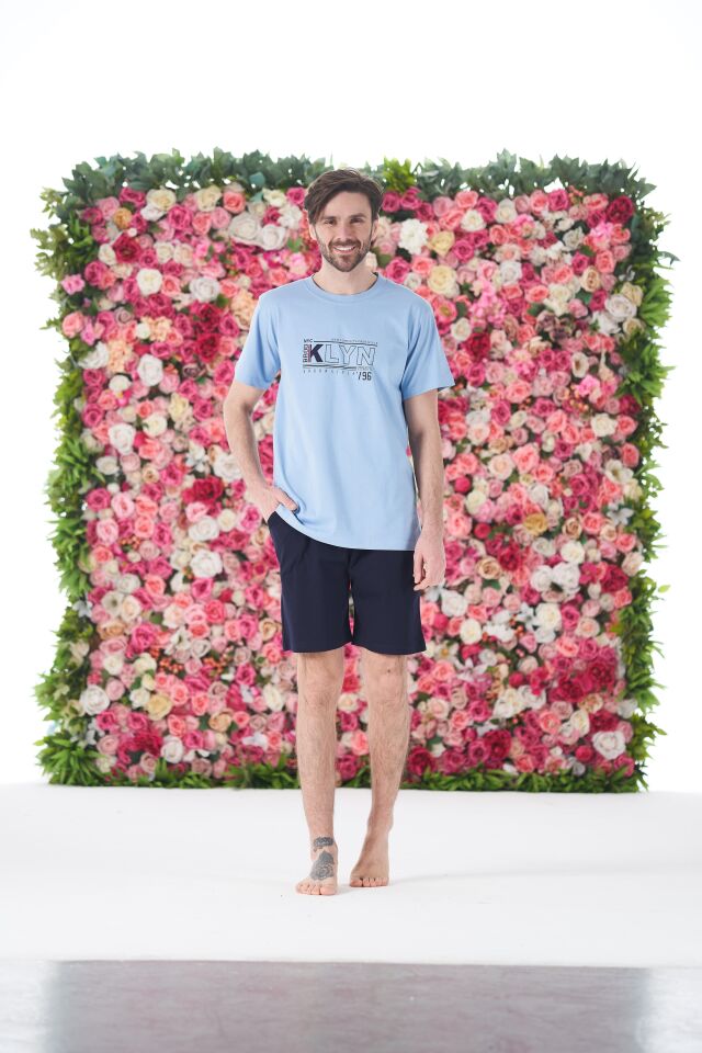 Erkek Yazlık KLYN Baskılı Kısa Kollu Şortlu Penye Pijama Takımı L - Mavi