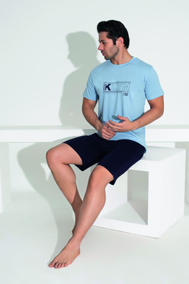 Erkek Yazlık KLYN Baskılı Kısa Kollu Şortlu Penye Pijama Takımı L - Mavi