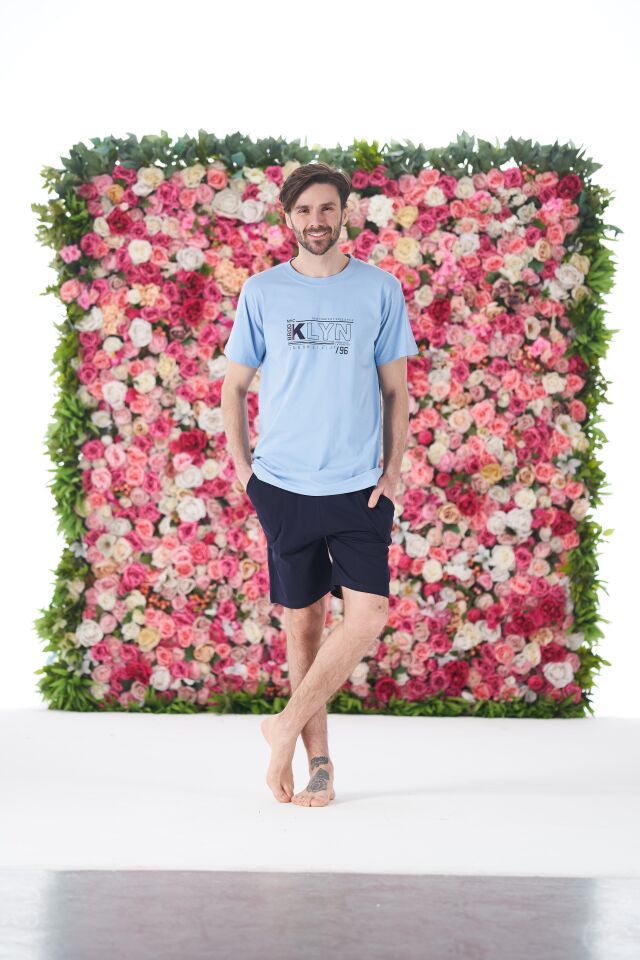 Erkek Yazlık KLYN Baskılı Kısa Kollu Şortlu Penye Pijama Takımı XL - Mavi