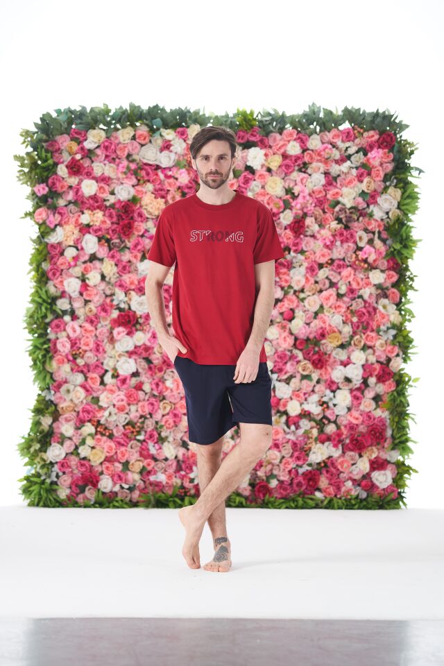 Erkek Yazlık Strong Baskılı Kısa Kollu Şortlu Penye Pijama Takımı