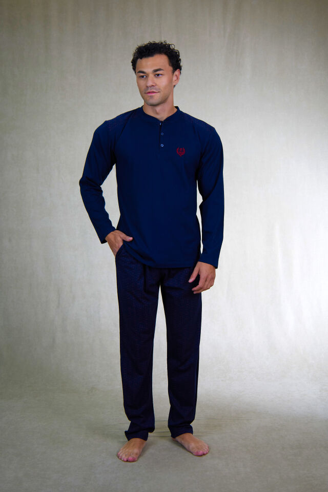 Estiva Erkek Alt Desenli Apoletli Uzun Kollu Patlı Penye Pijama Takımı Lacivert - 2XL