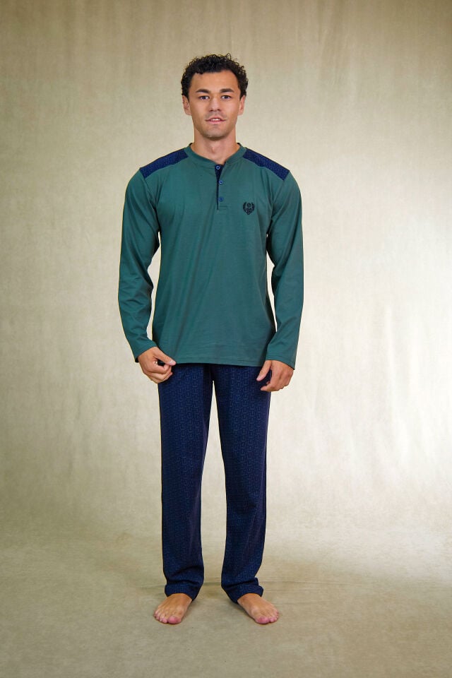 Estiva Erkek Alt Desenli Apoletli Uzun Kollu Patlı Penye Battal Pijama Takımı