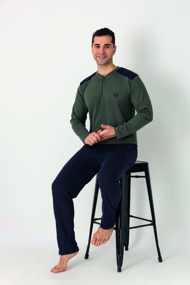 Estiva Erkek Alt Desenli Apoletli Uzun Kollu Patlı Penye Battal Pijama Takımı