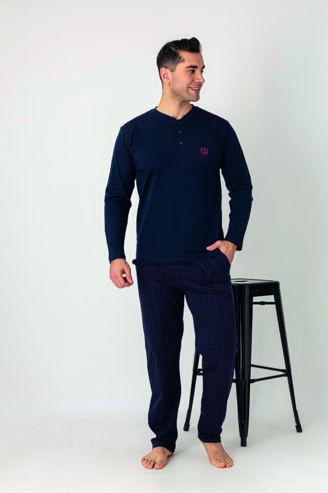 Estiva Erkek Alt Desenli Apoletli Uzun Kollu Patlı Penye Battal Pijama Takımı