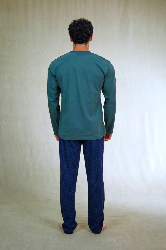 Estiva Erkek Alt Desenli Apoletli Uzun Kollu Patlı Penye Battal Pijama Takımı