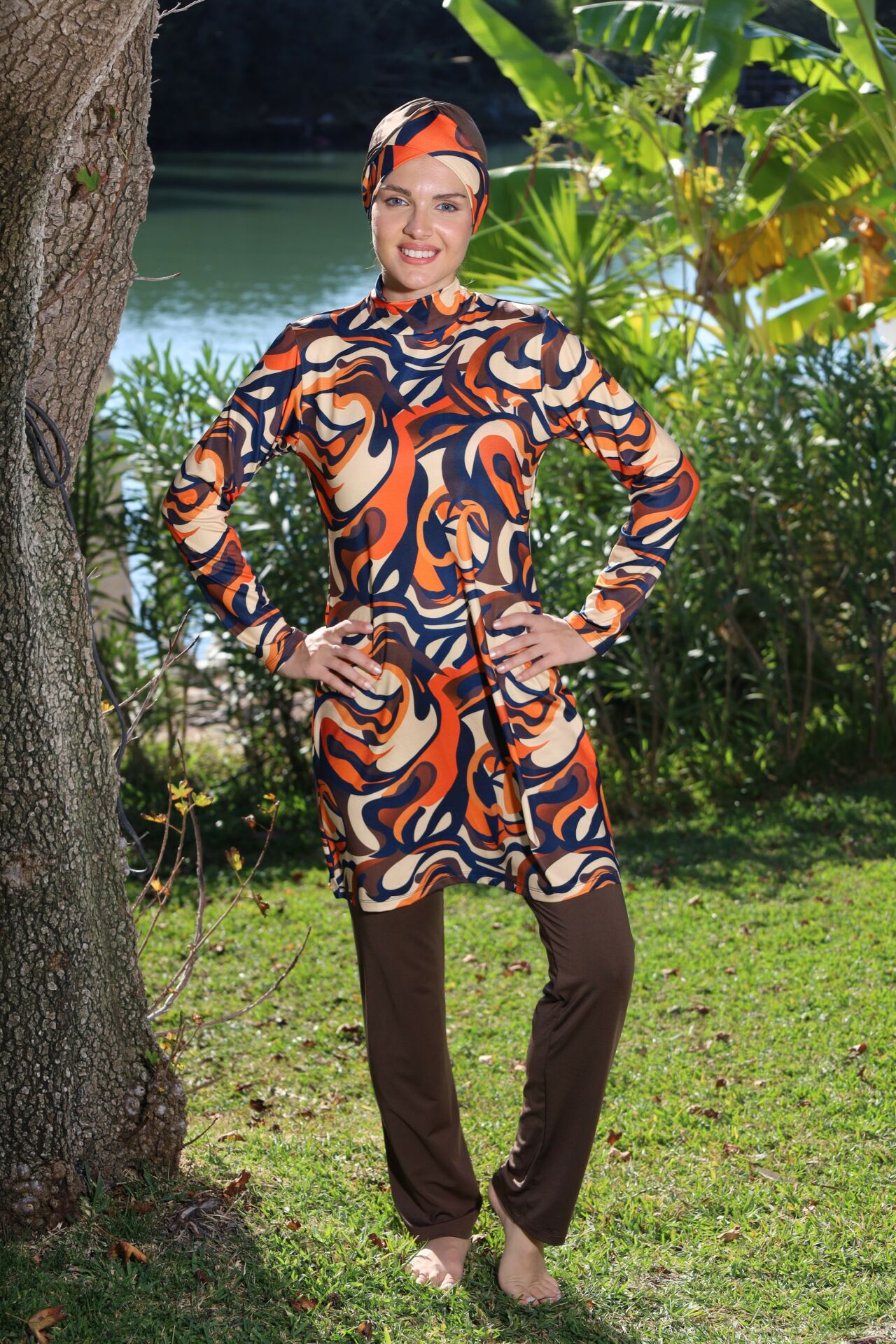 Estiva Flow Desenli Taytlı Tam Kapalı Tesettür Mayo