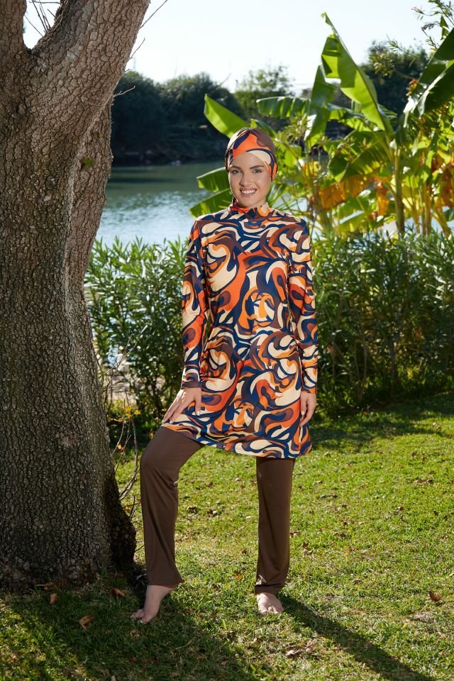 Estiva Flow Desenli Taytlı Tam Kapalı Tesettür Mayo