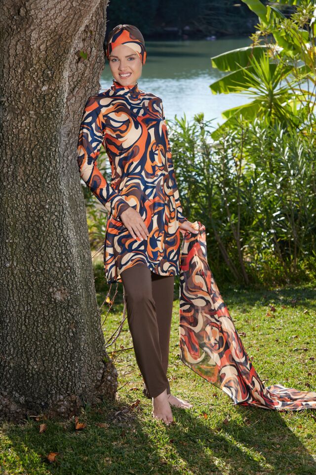 Estiva Flow Desenli Taytlı Tam Kapalı Tesettür Mayo