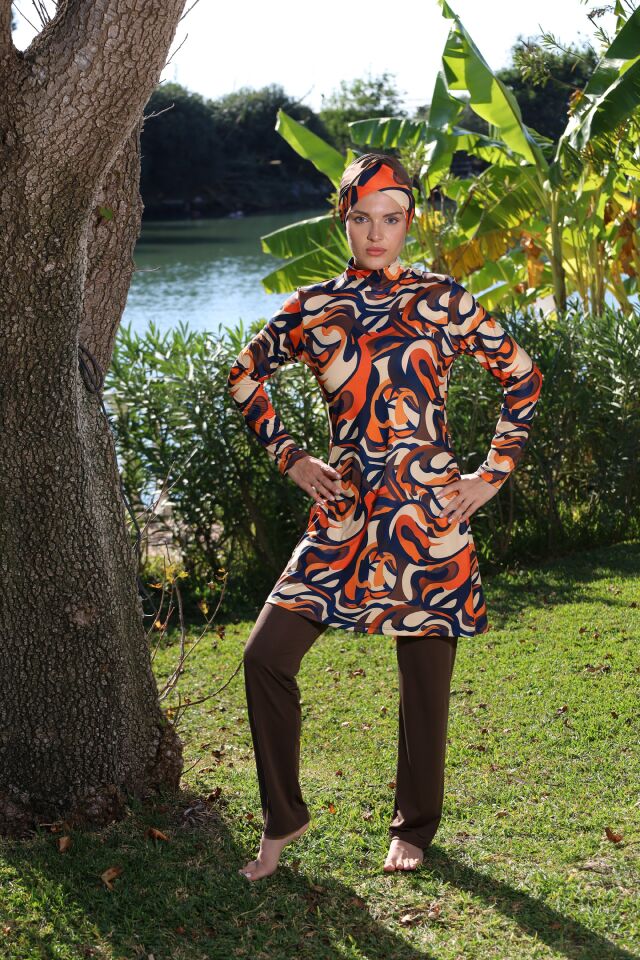 Estiva Flow Desenli Taytlı Tam Kapalı Tesettür Mayo