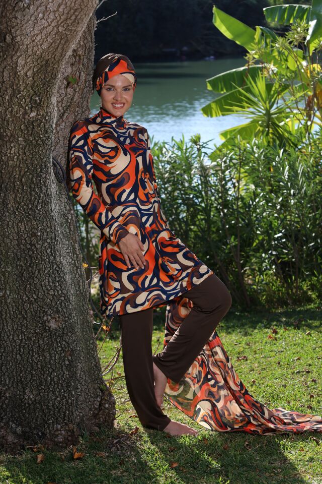 Estiva Flow Desenli Taytlı Tam Kapalı Tesettür Mayo