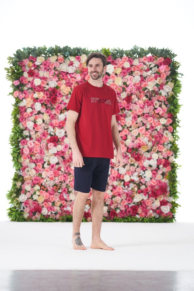 Erkek Yazlık Strong Baskılı Kısa Kollu Şortlu Penye Pijama Takımı XL - Bordo