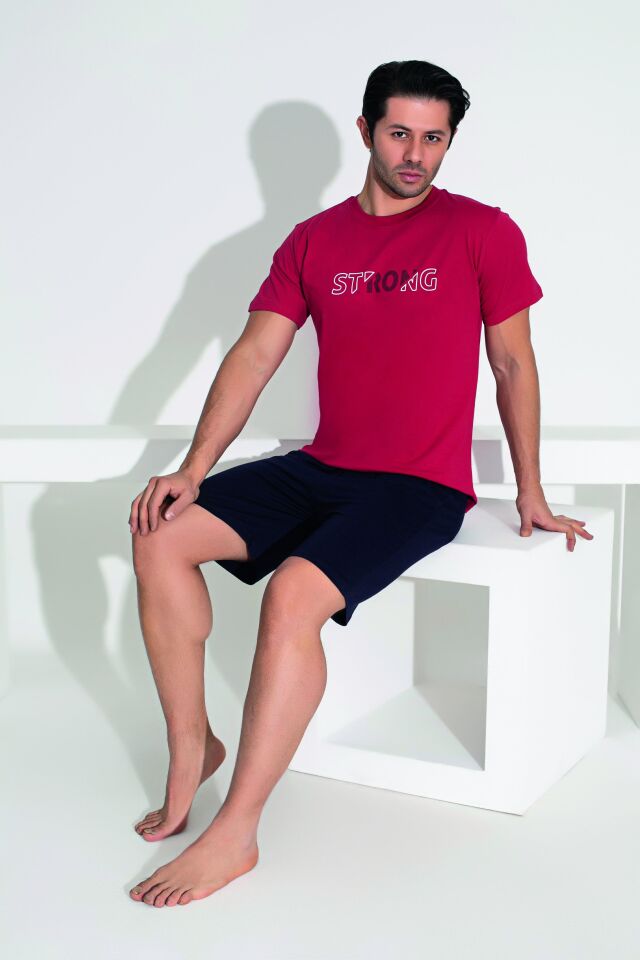 Erkek Yazlık Strong Baskılı Kısa Kollu Şortlu Penye Pijama Takımı XL - Bordo