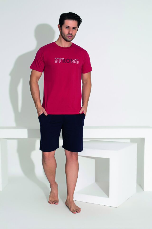 Erkek Yazlık Strong Baskılı Kısa Kollu Şortlu Penye Pijama Takımı 2XL - Bordo