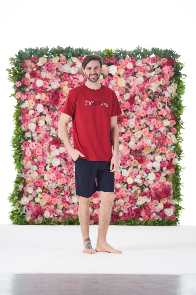 Erkek Yazlık Strong Baskılı Kısa Kollu Şortlu Penye Pijama Takımı 2XL - Bordo