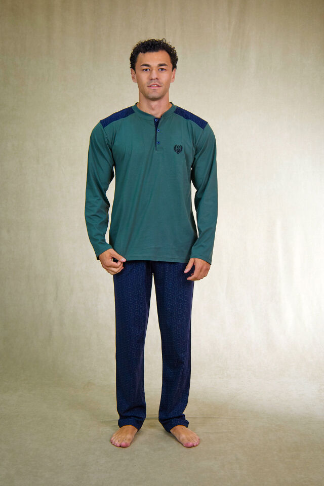 Estiva Erkek Alt Desenli Apoletli Uzun Kollu Patlı Penye Battal Pijama Takımı 5XL - Haki