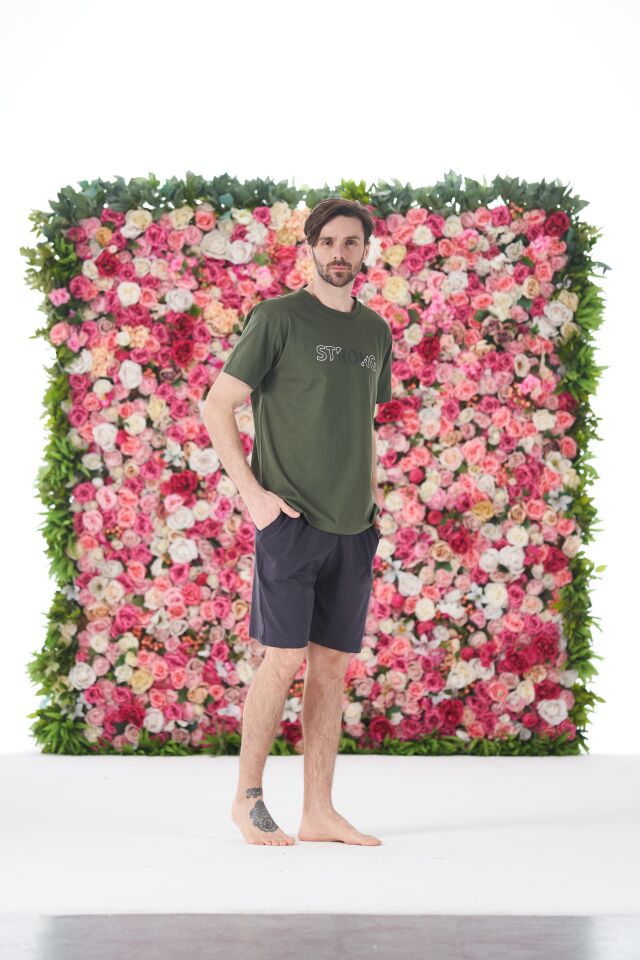 Erkek Yazlık Strong Baskılı Kısa Kollu Şortlu Penye Pijama Takımı M - Haki