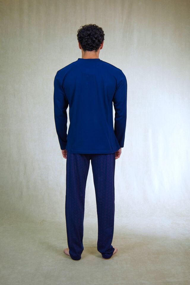 Estiva Erkek Alt Desenli Apoletli Uzun Kollu Patlı Penye Battal Pijama Takımı Lacivert - 3XL