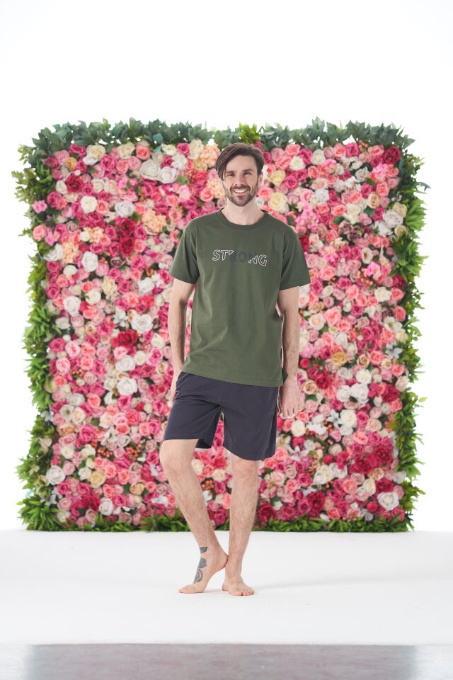 Erkek Yazlık Strong Baskılı Kısa Kollu Şortlu Penye Pijama Takımı L - Haki