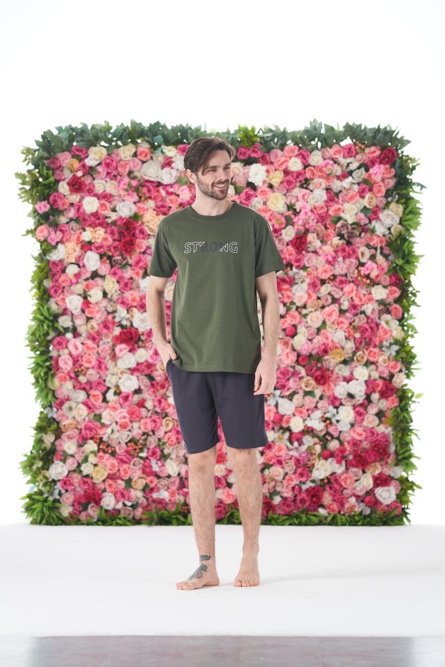 Erkek Yazlık Strong Baskılı Kısa Kollu Şortlu Penye Pijama Takımı L - Haki