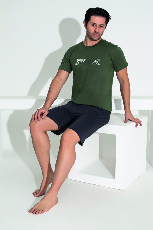 Erkek Yazlık Strong Baskılı Kısa Kollu Şortlu Penye Pijama Takımı L - Haki