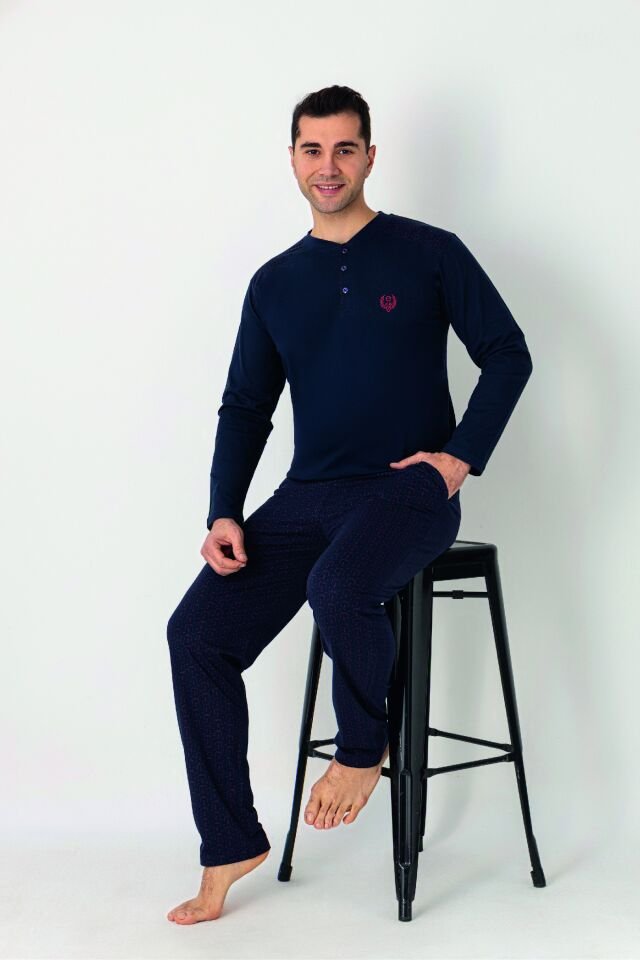 Estiva Erkek Alt Desenli Apoletli Uzun Kollu Patlı Penye Battal Pijama Takımı Lacivert - 4XL